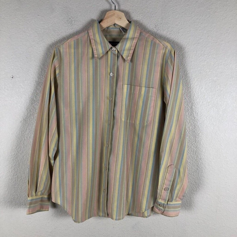 Liz Claiborne Sport Shirt Womens Medium Green Pastel Striped Colorful Trendy